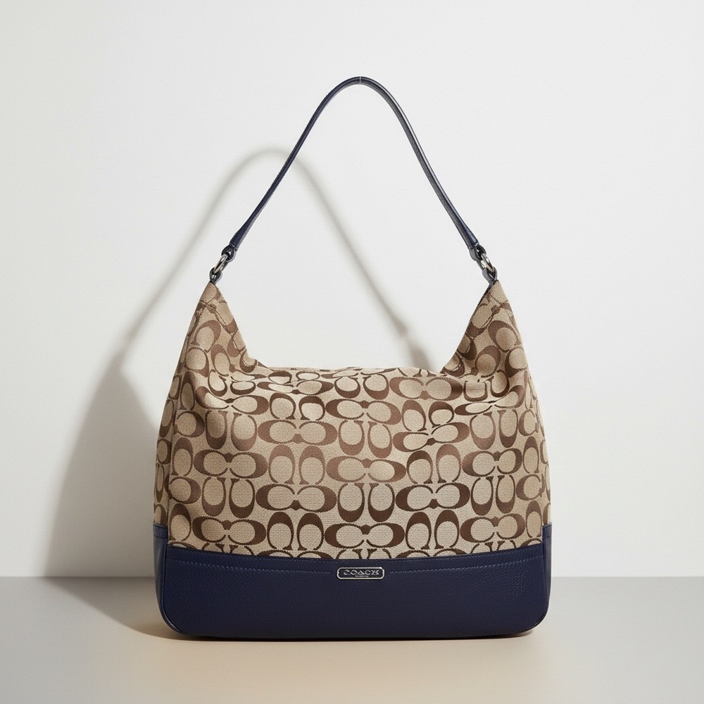 Coach Signature Hobo Bag Beige Canvas Blue Leather Shoulder Purse Dust Bag - Picture 2 of 13